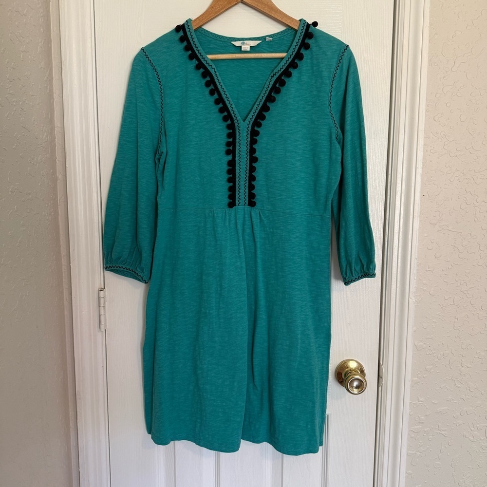 Boden Teal Jersey Dress Embroidered Spring Summer 8L